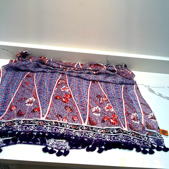 TORY BURCH Purple Floral Tassel Linen Blend Scarf - Picture 3 of 7